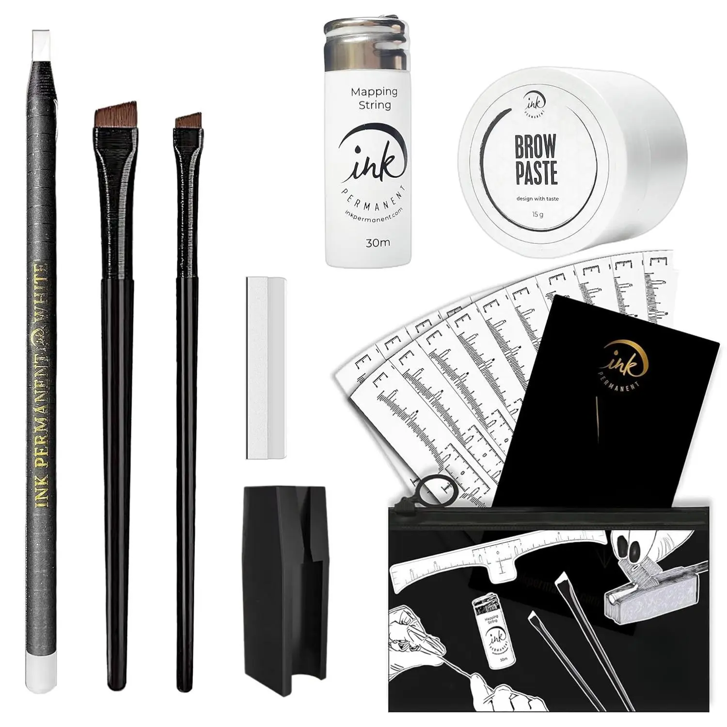 INK PERMANENT Eyebrow Mapping Kit with 30m White String 15g Brow Paste 2 Brushes Microblading Pencil & Stencils for Precise Sketches