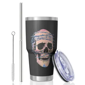 Skull 30 Oz Lce King Cup, Stainless Steel Top Bottom KeepsHot Cold Odor Free Slide Open Lid Flip Lid Suitable ForHome Office Outdoors Sports, Can Be Consumed DirectlyOr Used with a Straw, Skull Design I Stainless Steel Mug ,F_00019