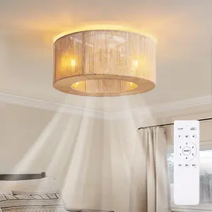 18" Rattan Ceiling Fan with Lights & Remote, Bladeless Boho Caged Ceiling Fan Flush Mount Enclosed, 6-Speed Low Profile Farmhouse Rattan Fandelier for Bedroom Kitchen Dining Living Room