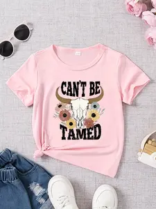 Toddler Girls "Can't Be Tamed" Bull Skull & Floral Graphic T-Shirt - Casual Short Sleeve Crew Neck Kids Boho Western Tee for Summer