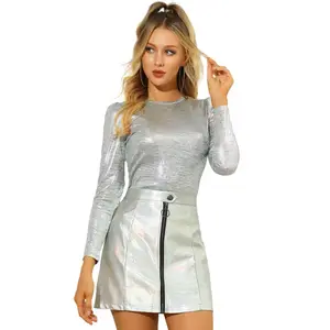 Allegra K Women's Long Puff Sleeve Party Glitter Shiny Metallic Tops X-Small Silver