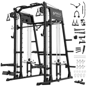 Smith Machine, 2200lbs Squat Rack with LAT-Pull Down System & Cable Crossover Machine, Training Equipment with Leg Hold-Down Attachment