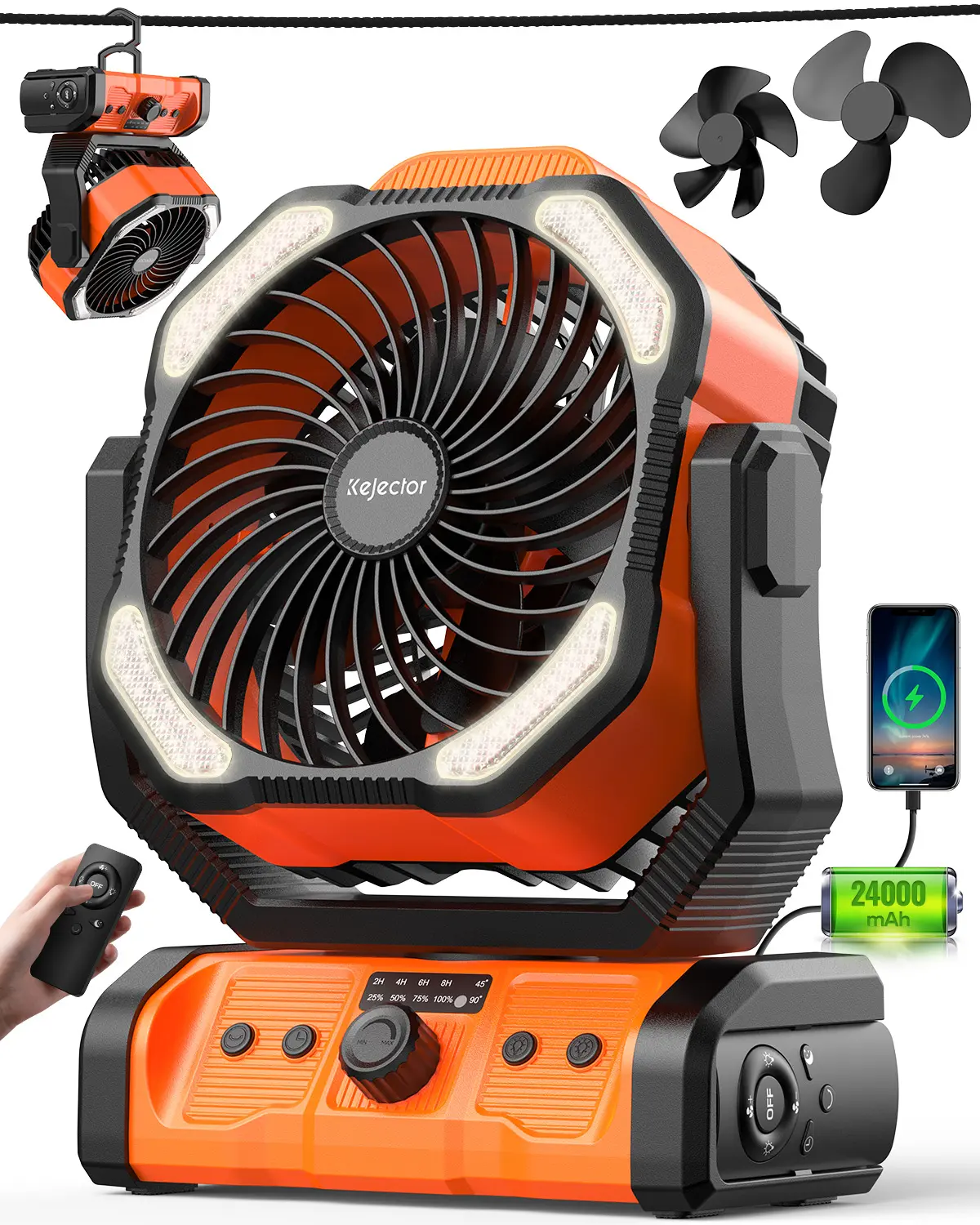 24000mAh Portable Camping Fan, Rechargeable Battery Operated Tent Fan with LED Light & Remote Control, 45H Runtime 360° Hanging Brushless Quiet Outdoor Fan with Timer Settings
