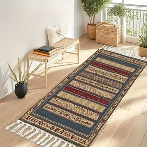 1pc Vintage Striped Woven Long Rug, 100% Polyester Doorway Carpet, Multi-Color Patchwork Design, Home Decor Mat for Entryway Corridor