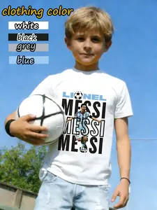 Messi Kids Letter Theme Football T-Shirt, Trendy Soccer Fanwear, Boy Toddler Lionel Messi Print Short Sleeve, Sporty Fitted Long Tee, Cartoon Print Tee