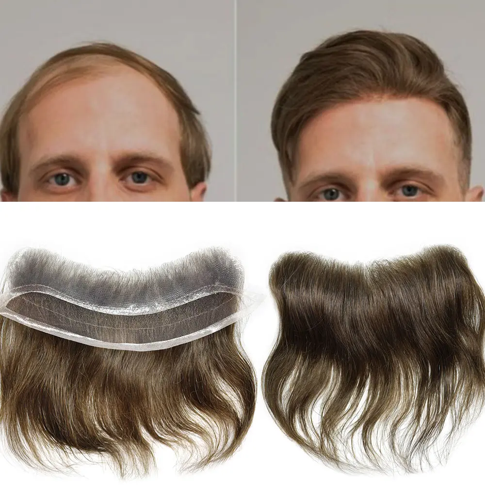 French Lace Front Mens Frontal Hairpiece for Receding Natural Hairline Lace with Poly Skin Forehead Human Hair Replacement System Toupee for Men