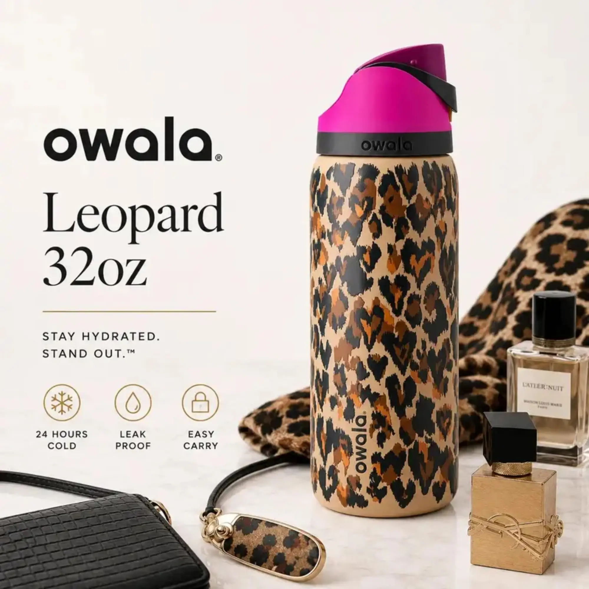 NEW Owala "Wild At Heart" 32oz Free Sip Limited Edition UO Cheetah Print Vacuum Flask Drinkware