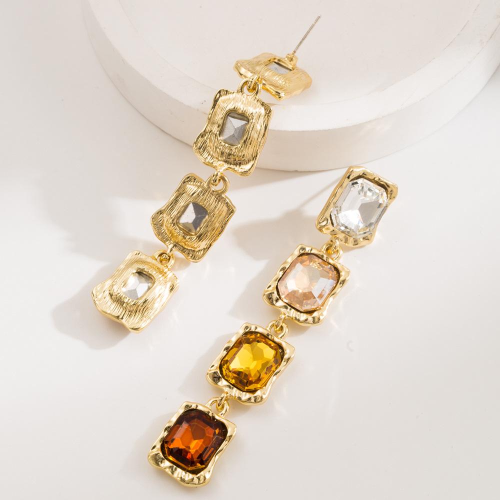 French Vintage Colorful Crystal Geometric Necklace Earrings Set, Luxury Palace Style Gemstone Clavicle Chain Jewelry for Women