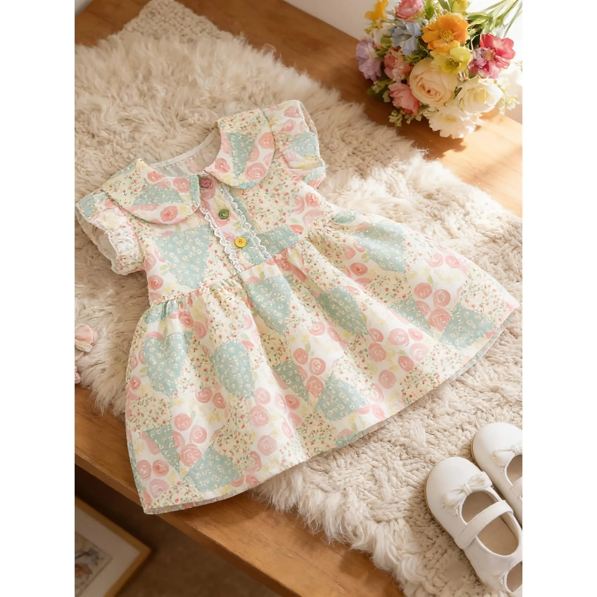 Summer Flutter Sleeve Girls' Dress, Sweet Floral Print Children's Clothing with Lace, Comfortable Outdoor Casual Wear