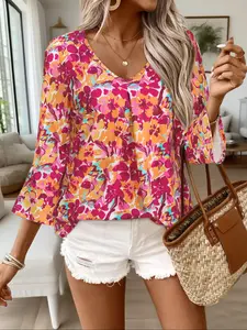 Women's Casual Boho Floral Print Shirt, Loose Fit Blouse for Daily Wear, Vacation Commute, Versatile Top, European and American Style