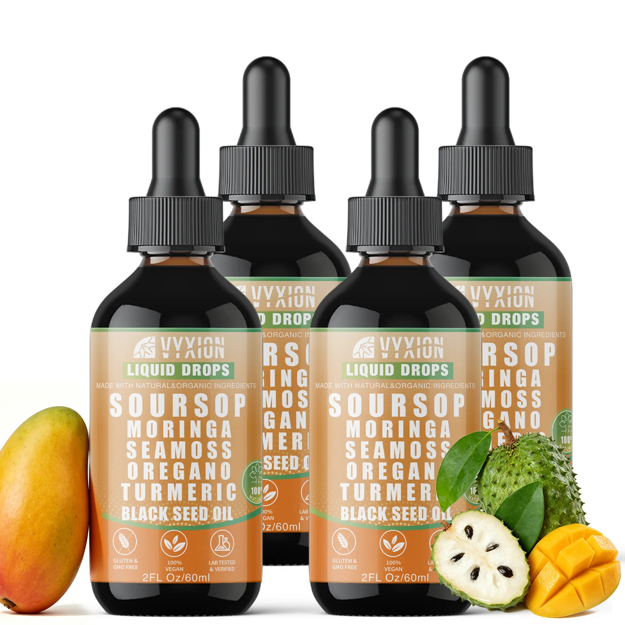 VYXION Mango Flavor Soursop Bitters Liquid Drops 10 in 1 with Sea Moss, Moringa, Turmeric, Black Seed Oil, Oregano, Ashwagandha | Herbal Extracts| 2 Fl OZ - 4 Packs