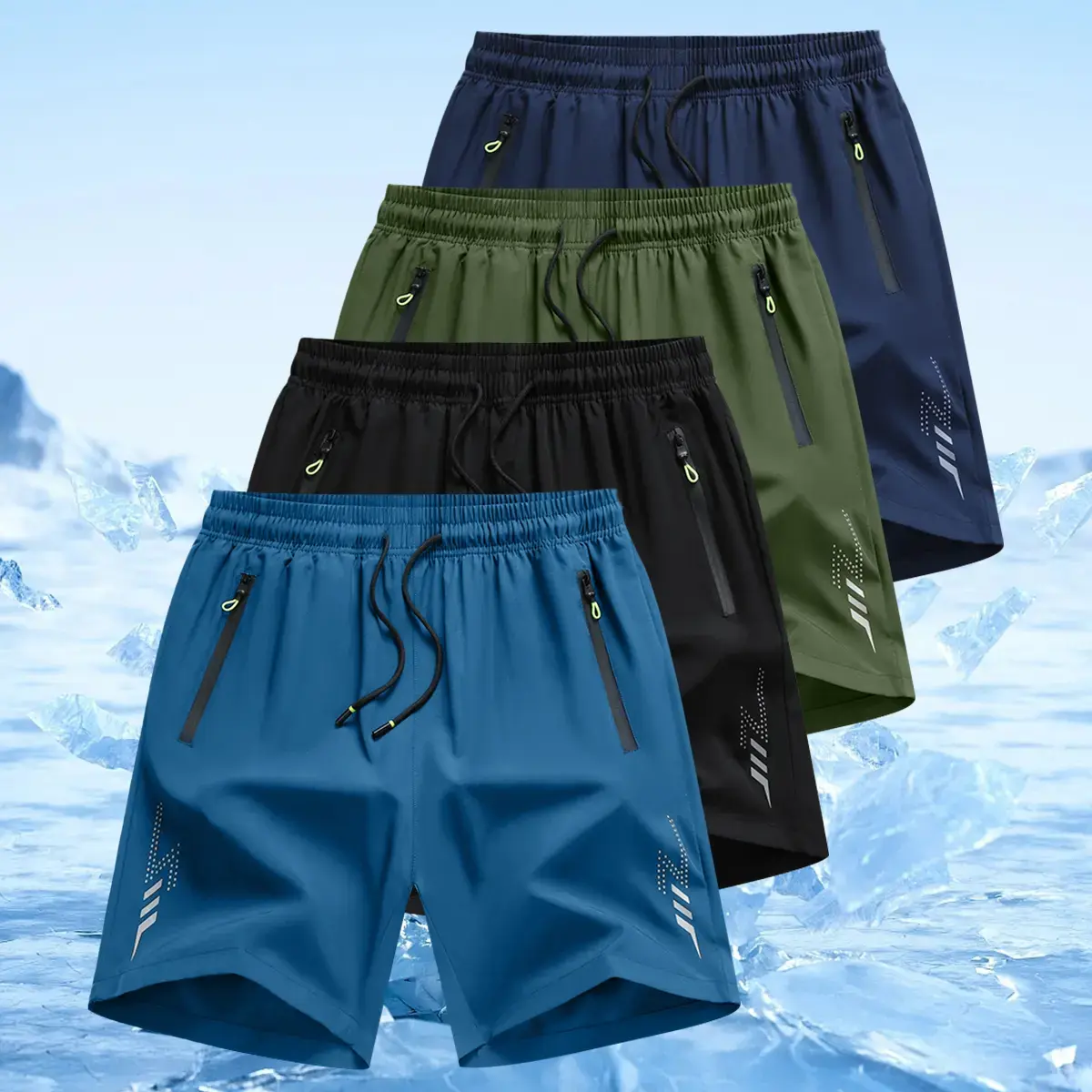 Men’s ultra‑light quick‑dry athletic , 4‑pack, with zippered pockets — fashionable casual running and fitness gear, perfect for outdoor activities, the beach, and the gym; elastic waistband design; men’s running , men’s , men’s fitness a Zipper Color