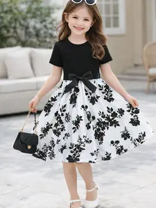 Girls' Patchwork Floral Short Sleeve Dress, Butterfly Knot Design, Summer Casual, Kids Clothing for Ages 4-8