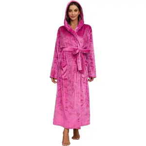 Womens Long Hooded Robe, Soft Warm Fleece Bathrobes Full Length Plush House Coat