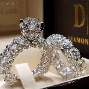 Couple's Full Pave Round CZ Rings Set, European Light Luxury All-Stone Inlay Shiny Bands, Wedding/Anniversary Gift for Cross-Border Fashion Costume Jewelry Lovers
