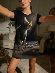 Cute Cat Print Short Sleeve Round Neck Sleepwear Set, Loose Fit Casual Home Wear Loungewear for Women, All Season Comfortable Pajamas Animal Print