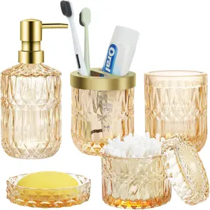 Bathroom Accessories Set, 5Pcs Gold Bathroom Accessories, Glass Bathroom Accessories Set with Gold Soap Dispenser, Soap Dish, Toothbrush Holder, Tumbler, Cotton Swab Jars