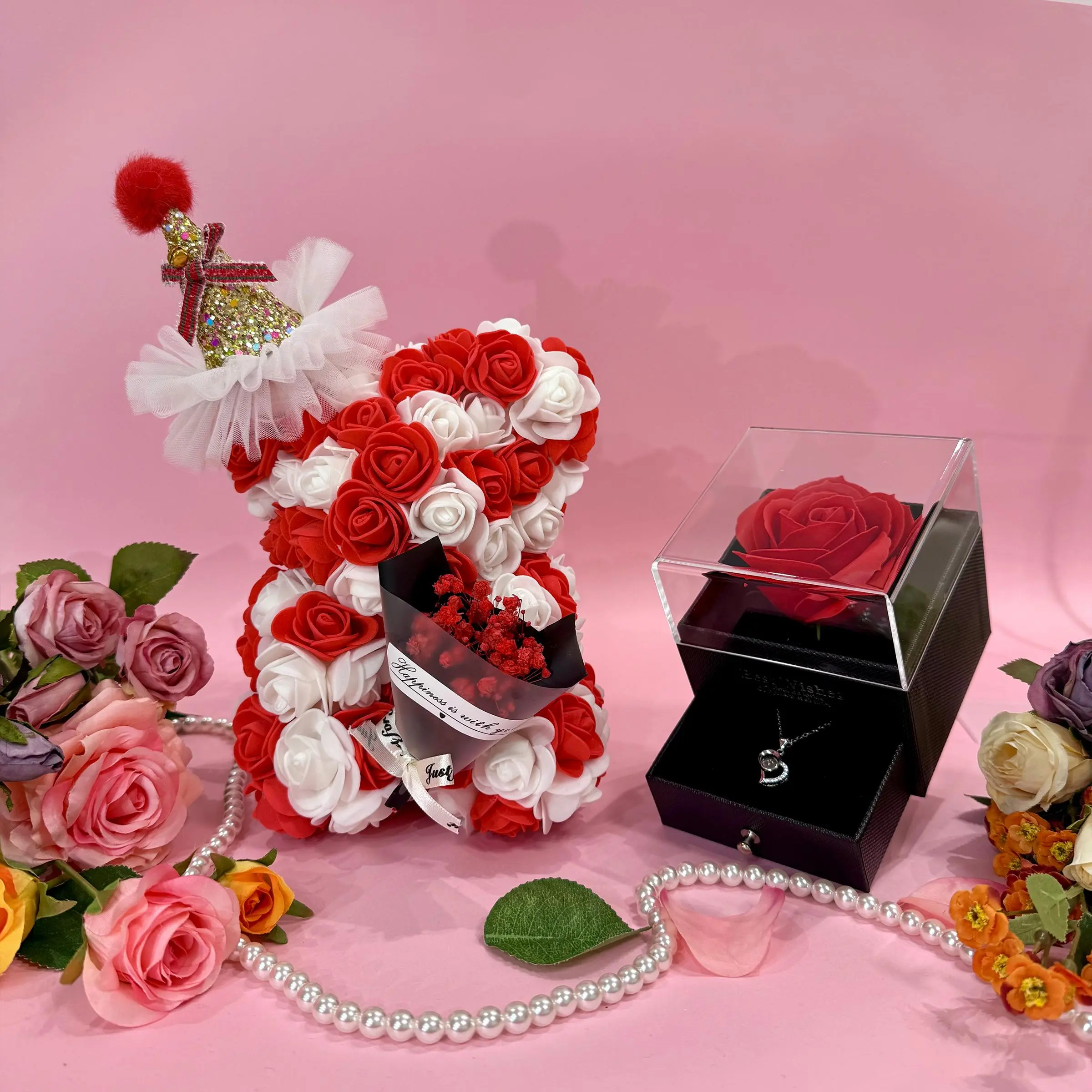 Romantic Bear Design Artificial Rose Flower Gift Box, 1 Set Cute DIY Simulated Immortal Rose Flower Bear with Necklace, Creative Gift for Girlfriend, Boyfriend, Wedding, Party, Birthday, Bridal Gift