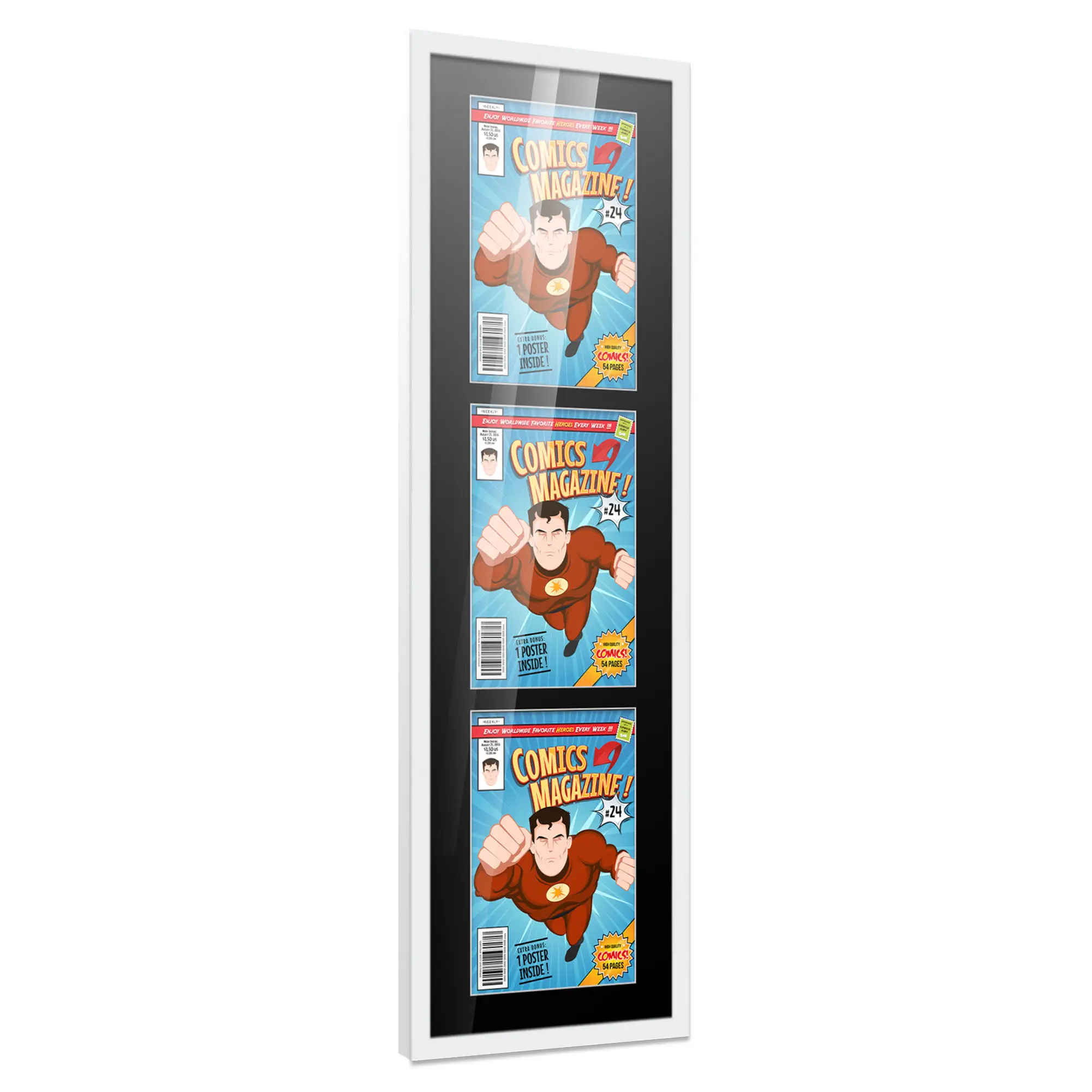 Comic Book Frame with Mat for 3 Silver Age Comics Published Between 1956 and 1970 - White Wood Comic Frame With Black Mat for 7.125x10.5 Comics - 11.25x36 Frame Size