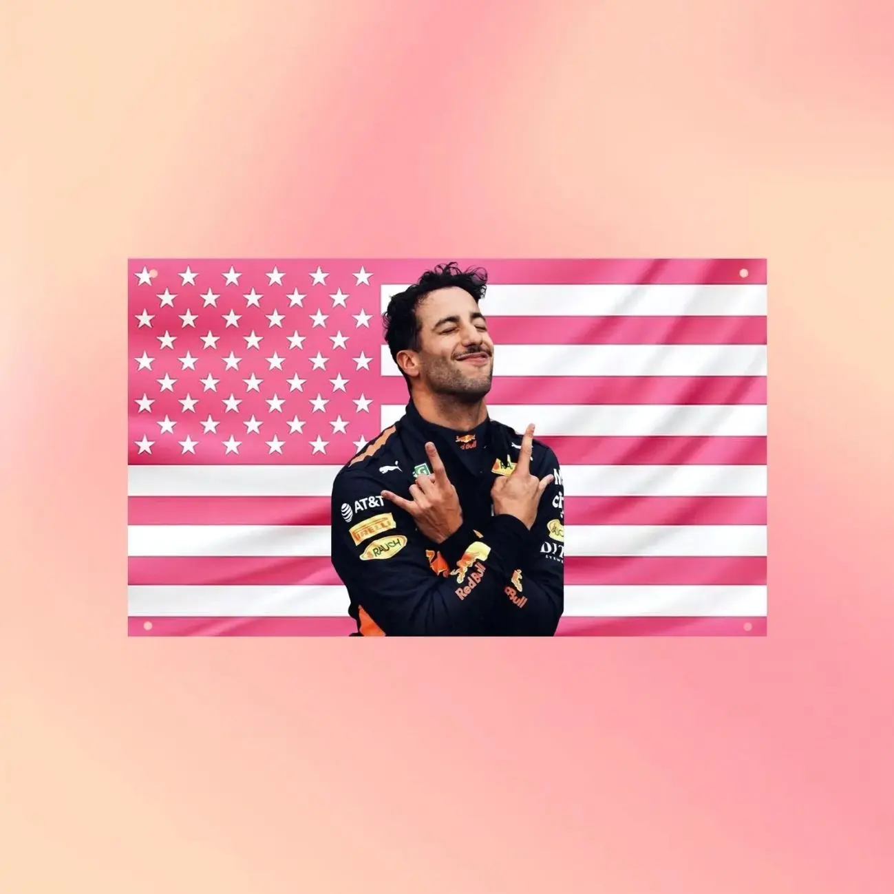 Daniel Ricciardo Pink US Flag Wall Tapestry | Formula 1 Wall Flag | Motorsport Bedroom Decor | Racing Fan Gift