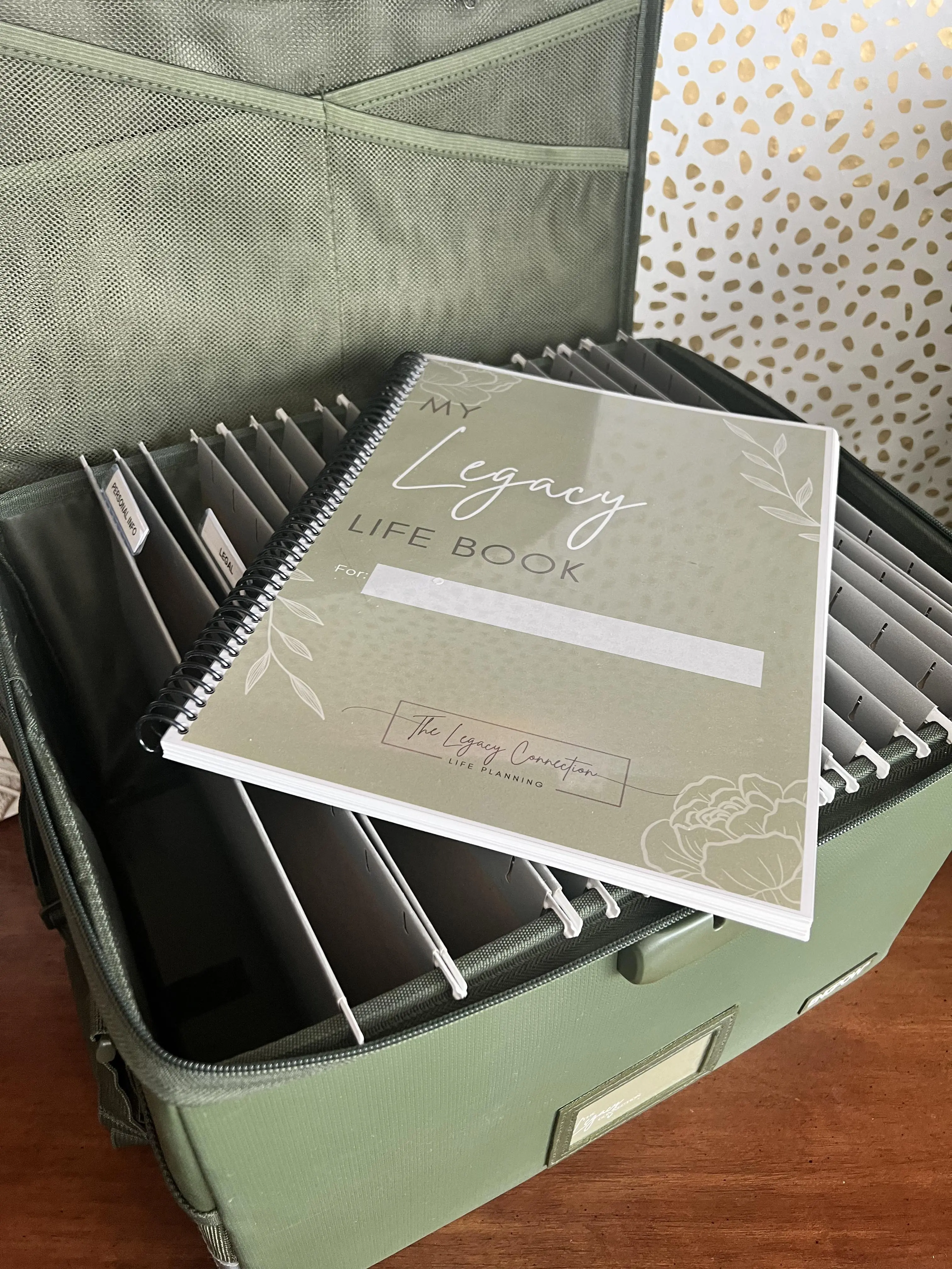 The Legacy Life Box, organization system for all of your important documents, fire proof,  customized file folders, Legacy workbook, digital copy of workbook.