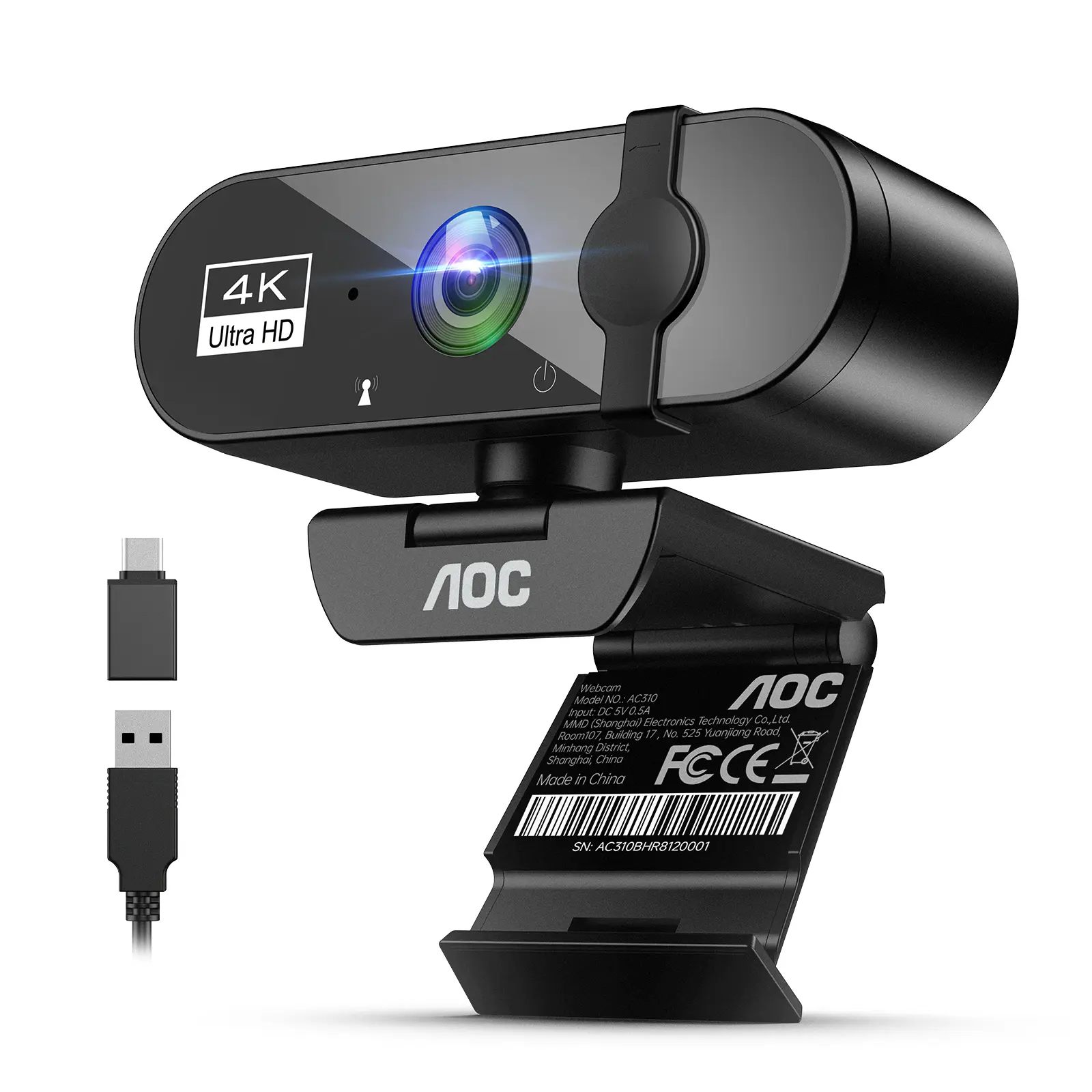 4K Webcam with Distortion-Free Lens, Built-in Mic, Privacy Cover, 360° Swivel Stand, USB-A to C Adapter – Crystal Clear for Work & Stream