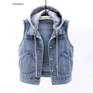 CHENGDEFA Sleeveless Jeans Jacket Women Korean Fashion Hooded Vests Jean Short Waistcoat Large Size Cotton Zipper Denim Vest Female