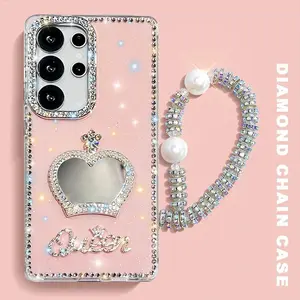 3D Diamond Chain Wrist Straps Queen Letter Mirror Case For Samsung A17 A07 S24 S25 FE S25 Plus S23 Ultra A16 A26 A36 A56 A15 A35 A55 5G Cover