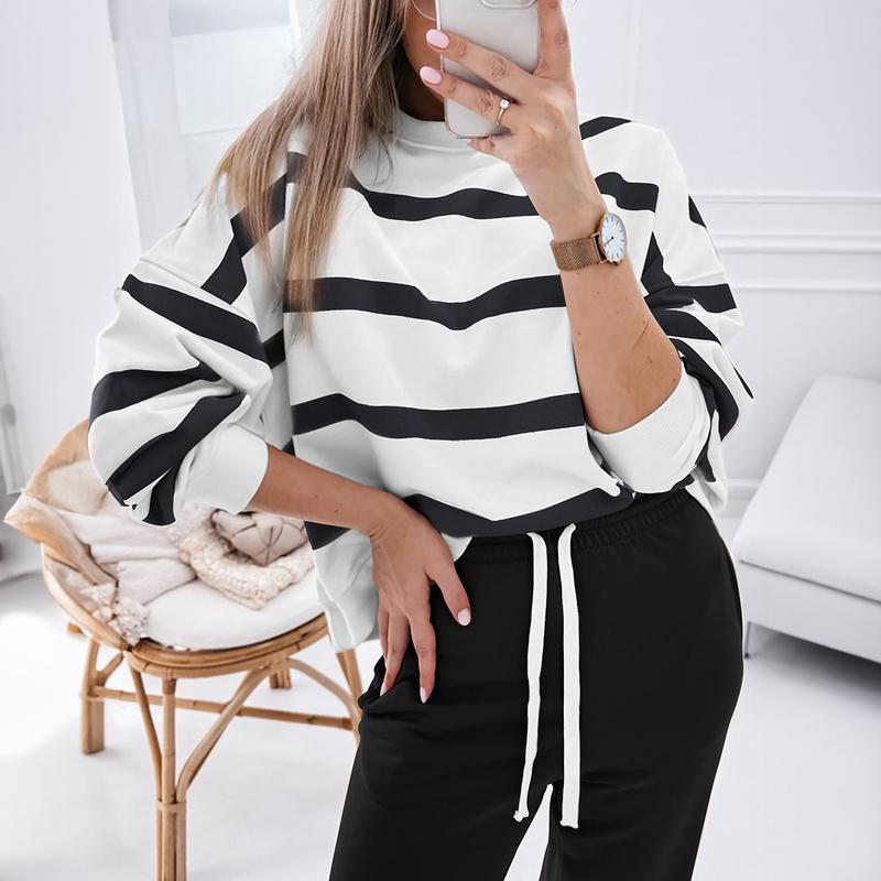 MULLVEIG Women's Stripe Drop Shoulder Pullover & Jogger Pants Set - Winter 2 Piece Lounge Outfit for Cozy Comfort Womenswear