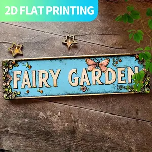 2D Flat, 1pc Vintage Fairy Garden Metal Wall Decor - Turquoise Blue & Golden Fairy Garden Sign, Pre-Drilled Holes for Easy Hanging, Indoor/Outdoor Decoration for Home, Farmhouse, Porch, Kitchen - Perfect Housewarming Gift (15.7x3.9 Inches), Porch Decorati