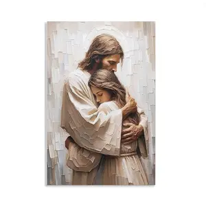Holy Jesus and girl praying scene wall canvas poster, Christian religious wall art, suitable for prayer room, living room, bedroom, spiritual faith home decoration gift