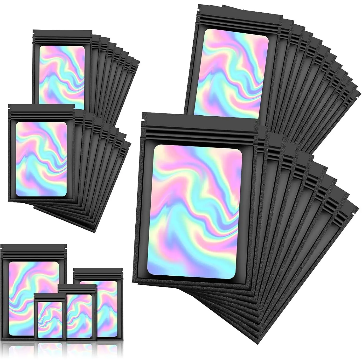 120 count Smell Proof Mylar Bags Resealable Holographic Packaging Pouch with Clear Window for  Eyelash  Candy Electronics Storage, 4 Sizes (Black) (BLACK)