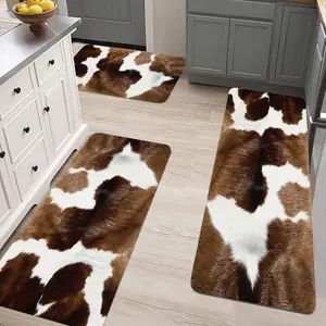 3-Piece Cow-Pattern Kitchen Rugs Set - Soft Flannel, Quick-Drying, Stain-Resistant, Non-Slip, Easy to Clean, Ideal for Kitchen, Bedroom, Living Room, Doormat,Animal fur pattern carpet polyester mat indoor area cozy laundry