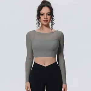 Women's Mesh Long Sleeves Sports Yoga Workout Top - Solid Color Mesh Running Shirt with Chest Pad Seamless Set