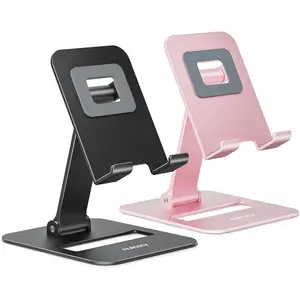 Nulaxy 2 Pack Dual Folding Cell Phone Stand, Fully Adjustable Phone Holder for Desk, Compatible with iPhone 16 15 14 13 12 11, Nintendo Switch, All Phones, Black & Rose Gold