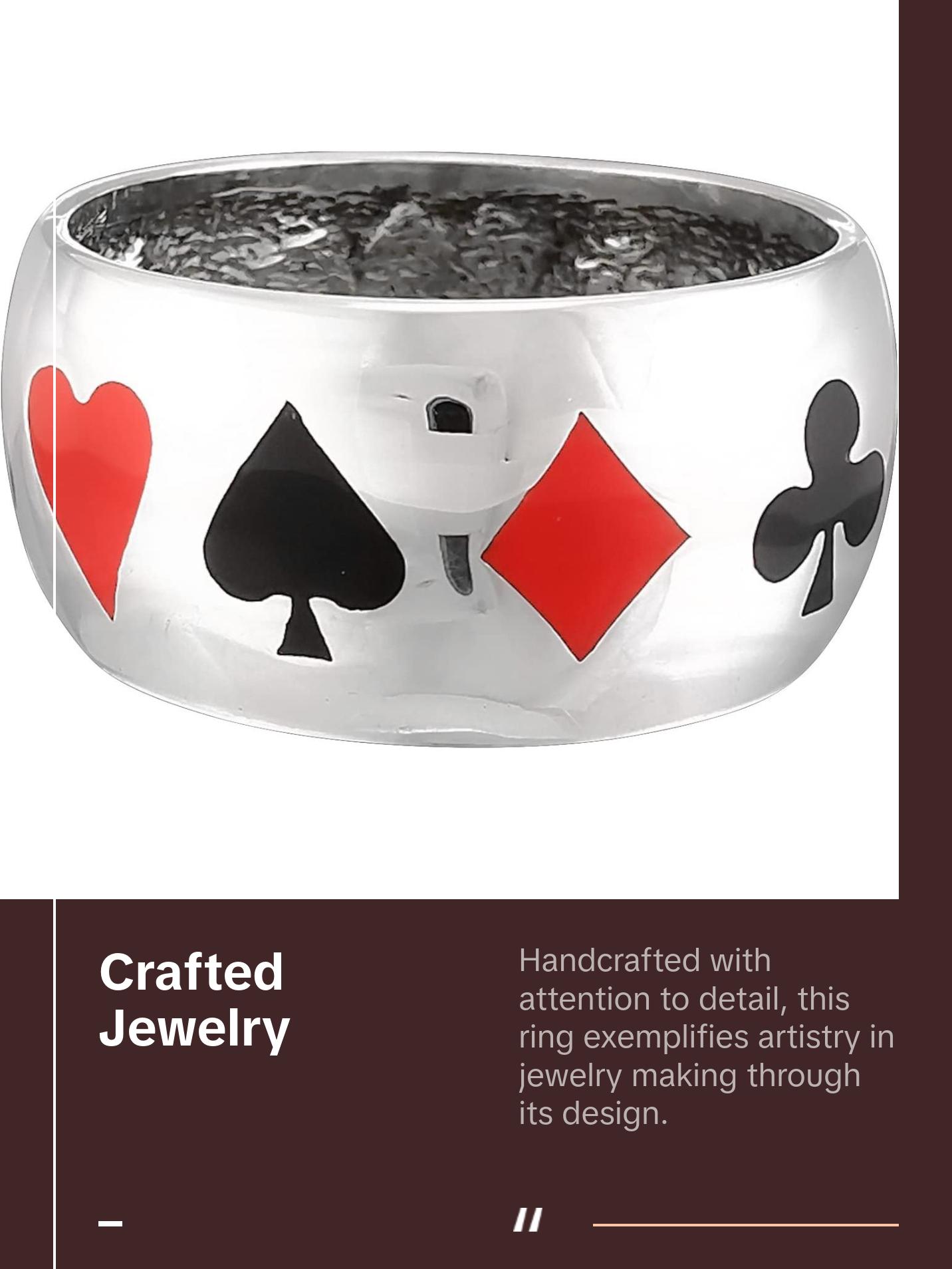 Size 10-925 Sterling Silver Card Shark Ring, Black & Red Resin, Playing Card Design, Handcrafted Symbol Jewelry