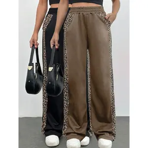 [Set of 2 Sweatshirt & Pants] Set of 2] Black + Brown Casual Leopard Print Patchwork Small Sweatshirt And Long Pants