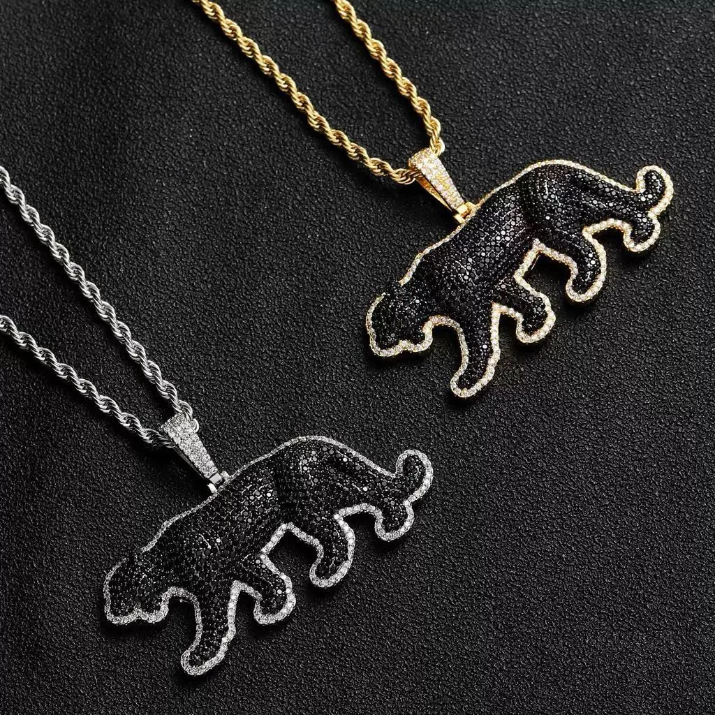 Men's Animal Jewelry, Iced Out Walking Black Leopard Pendant Necklace with Cubic Zirconia, Hip Hop Bling Style Accessory