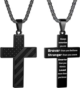 American Flag Cross Necklace for Boys 22+2 Inch Stainless Steel Box Chain Inspirational Bible Verse Pendant Personalized Christian Gift