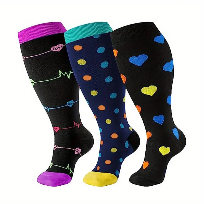 3 Pairs Plus Size Compression Socks, Knee High Nylon Blend with Spandex, Cartoon Pattern, Hand Wash Only, All-Season Knit Fabric Stockings for Women and Men, Supportive Legwear | Vibrant Design Socks | Durable Knit Socks, Cute SocksFYCTRE 3 Pairs Plus Size Compression Socks, Knee High Nylon Blend with Spandex, Cartoon Pattern, Hand Wash Only, All-Season Knit Fabric Stockings for Women and Men, Supportive Legwear | Vibrant Design Socks | Durable Knit Socks, Cute SocksFYCTRE