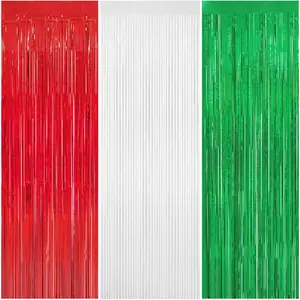 Christmas Tinsel Foil Fringe Curtain 8x9.84 Ft Backdrop Curtain-Red, White, Green Streamers for Christmas, Fiesta, Mexican, Italian, Birthday, Baby Show Party Decorations