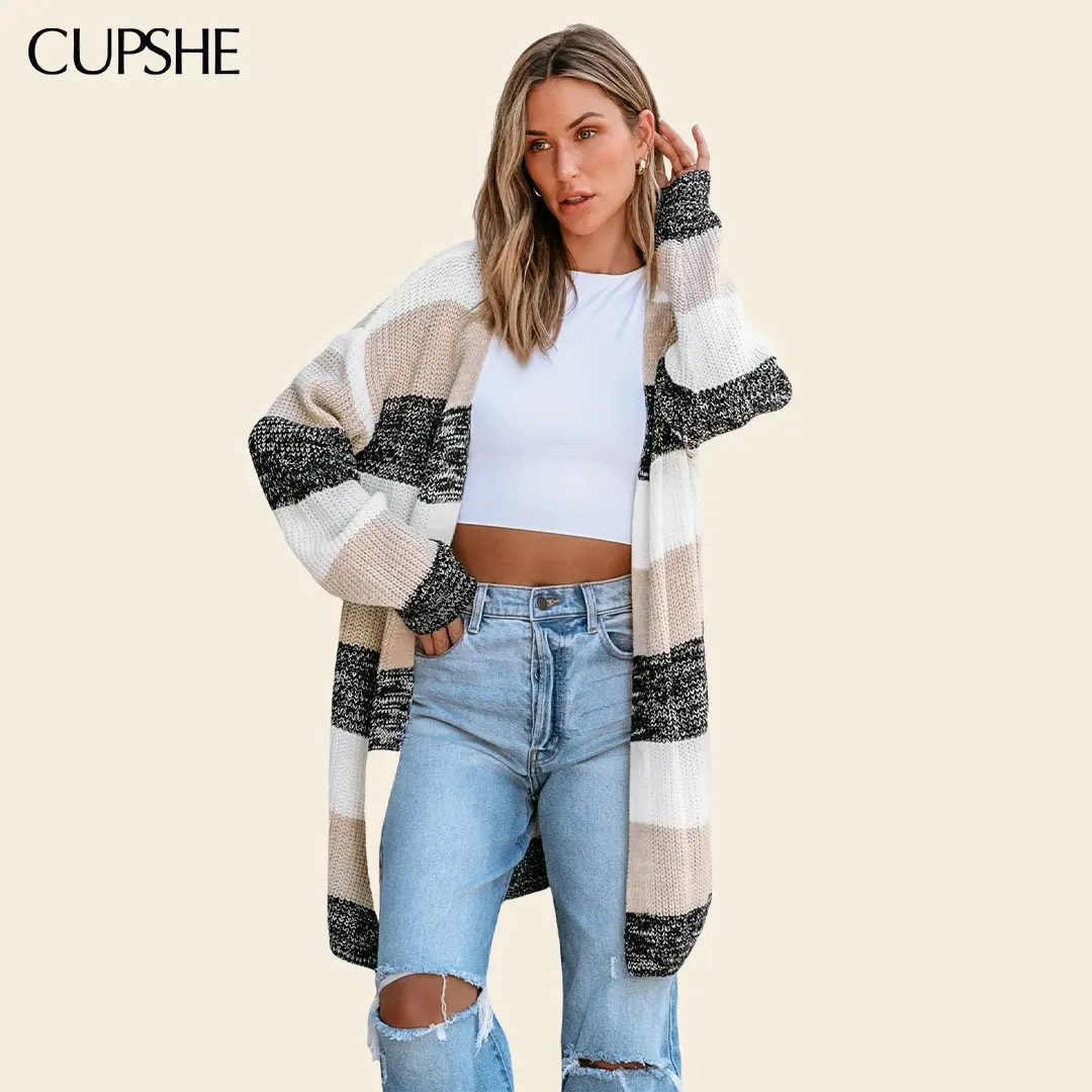 CUPSHE Women's  Cardigan Striped Knit Cardigan Open Front Duster Cardigan with Long Sleeves and Oversized Color Block Design, Cozy Long Sweater Coat for Fall Layering, Casual Daily Wear, Travel Weekend Outfits Knitwear Tops Comfy Knit Womenswear