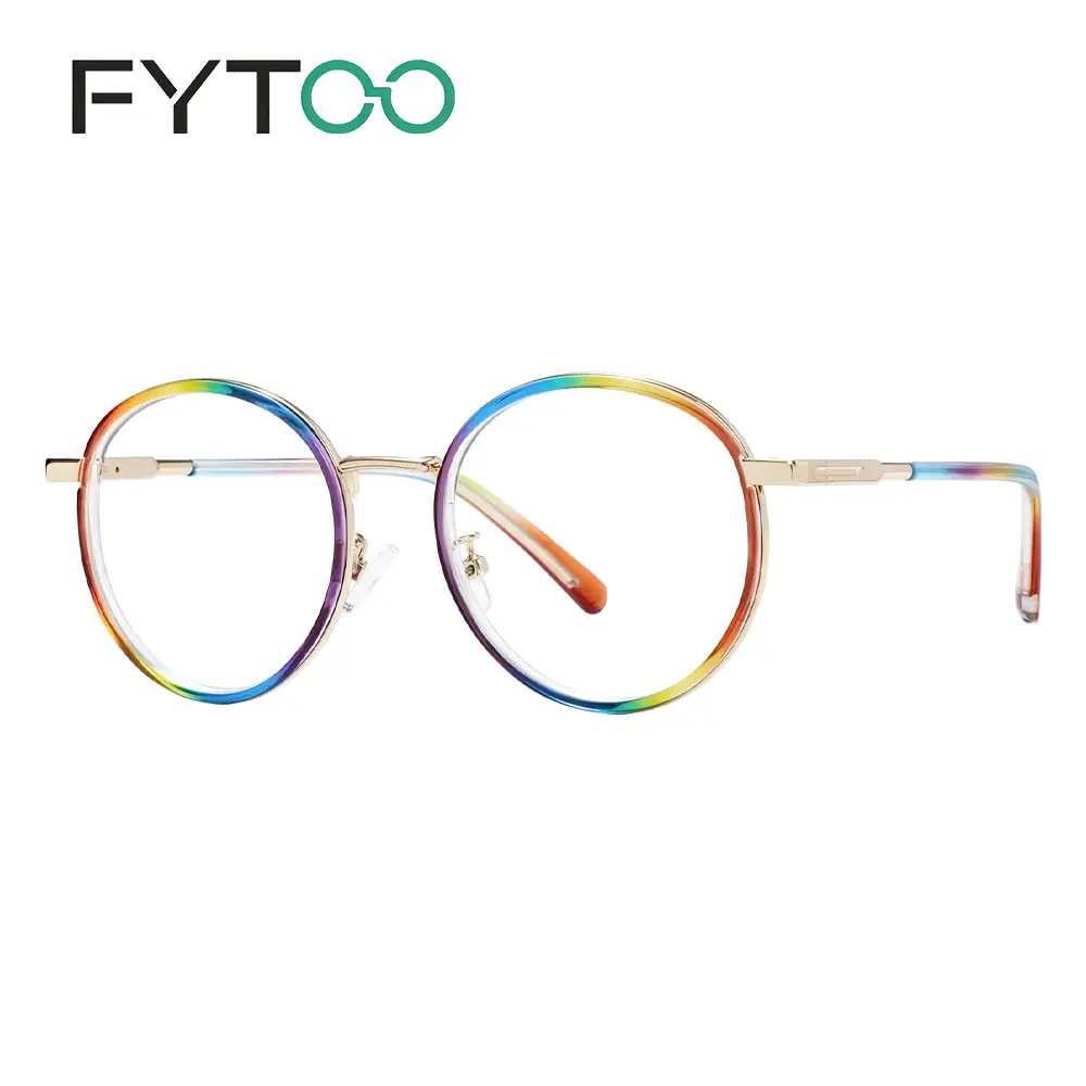 Fytoo Eyeglasses, Acetate Glasses Rainbow Round Frame with Rainbow Woven Eyeglass Lanyard, Fashion Non‑Prescription Optical Eyewear for Women