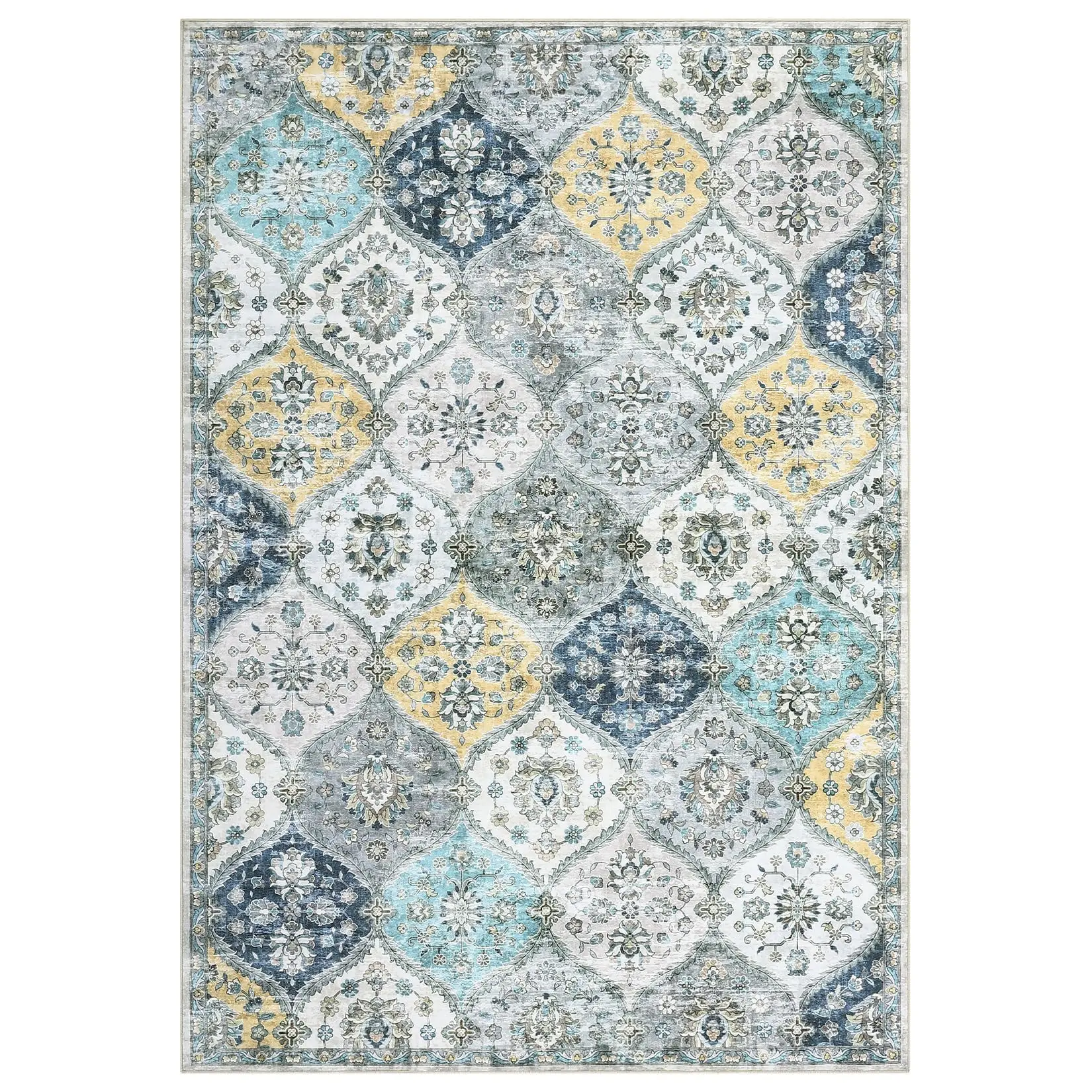 GARVEE 5x7 Area Rug, Rugs for Living Room, Washable Rug, Vintage Rugs for Entryway, Traditional Floor Cover, Thin Carpet, Kitchen Distressed Non Slip Mat, Print Rug for Bedroom Dining Room, Blue/Yellow