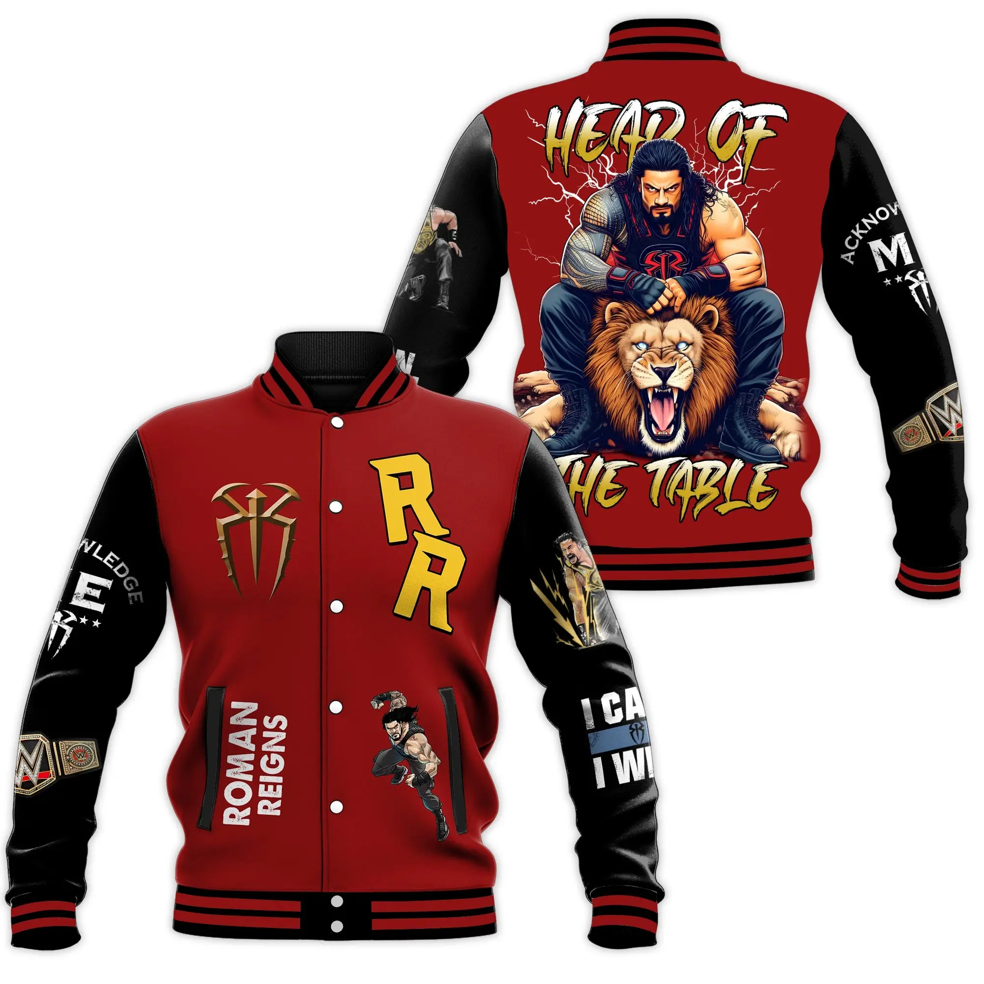 Wrestling Champion Roman Reigns Varsity Jacket Head Of The Table Roaring Lion Lightning Print Loose Fit Casual Sports Button Outerwear For Men Women Fall Winter Spring Fans Apparel