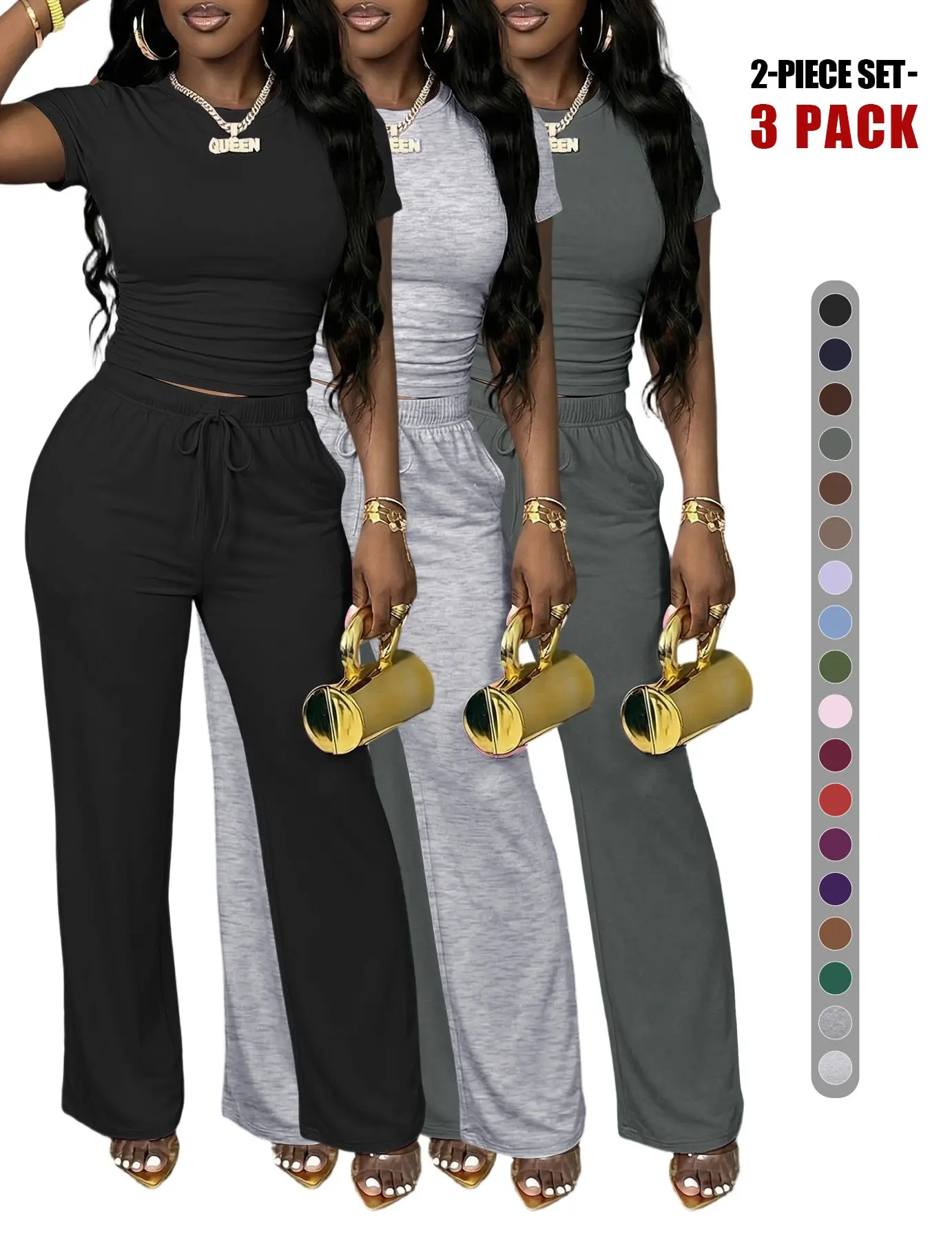 Women's Spring Summer Basic Casual Everyday Set, Round Neck Short Sleeve Top & Wide Leg Pants, Slim Fit Home Wear, 2 Piece Comfortable Outfit