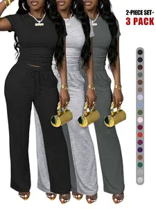 Women's Spring Summer Casual Set, Round Neck Short Sleeve Top & Wide Leg Pants, Slim Fit Home Wear, 2 Piece Comfortable