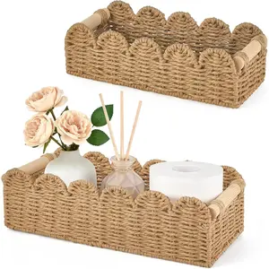 2 Pcs Toilet Paper Storage Basket for Bathroom Woven Paper Rope Scalloped Edge Toilet Tank Basket with Handles for Organizing Over Toilet Storage Shelf Countertop Living Room Bedroom Home Decor