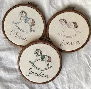 Vintage Rocking Horse Baby Name Embroidered Hoop, Personalized Nursery Decor 4” Embroidery Hoop