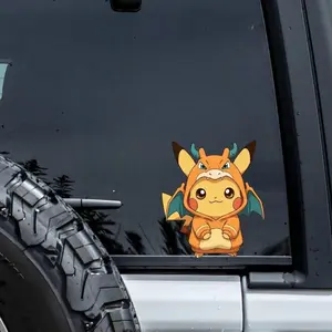 Cute Pikachu in Charizard Hoodie – Kawaii Peeker Sticker, Cute Anime Sticker | Waterproof Vinyl Decal for Laptop, Water Bottle, Car, Gamer Gift